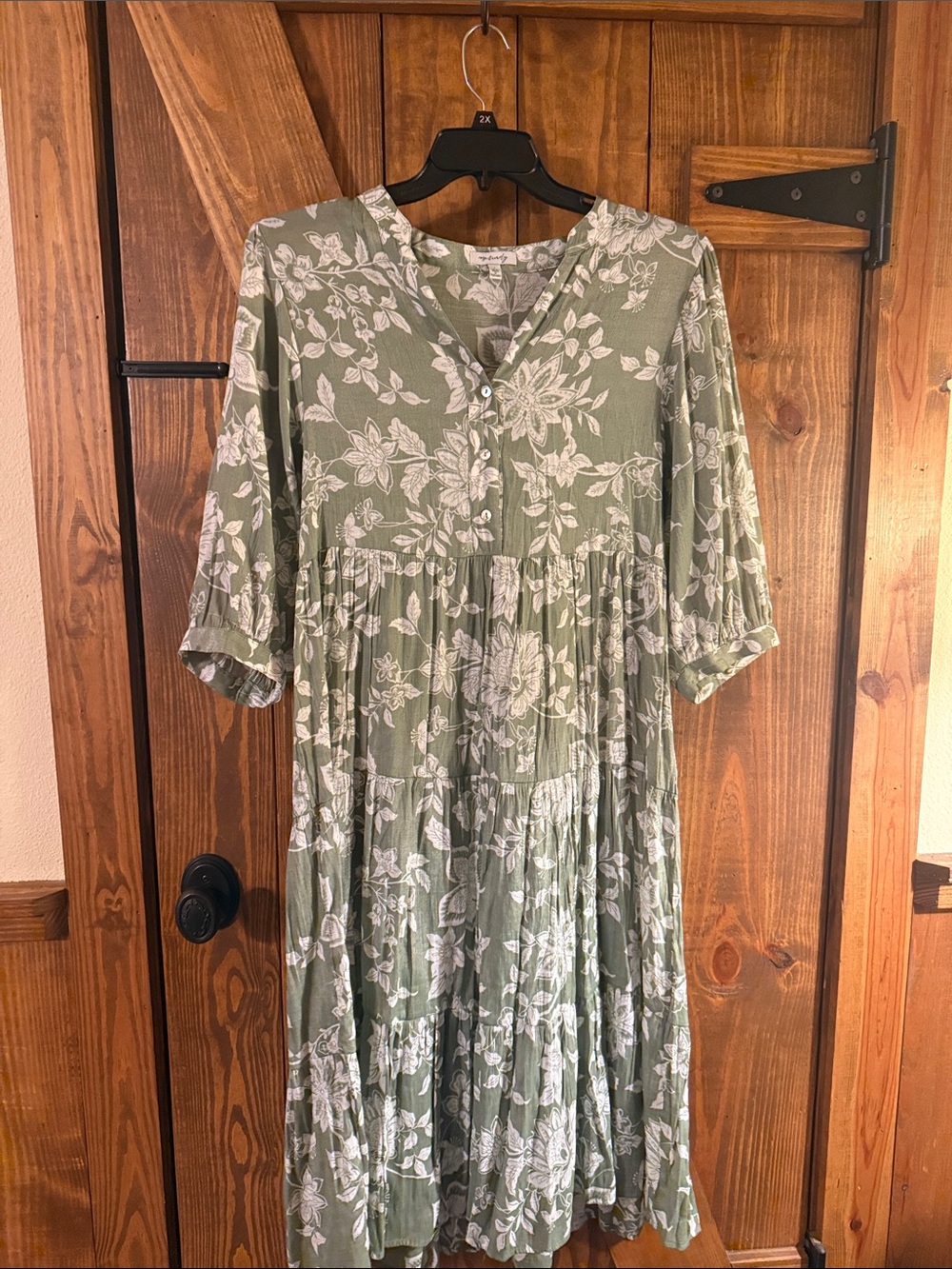Olive Green Floral Tiered Midi Dress with V-Neck
